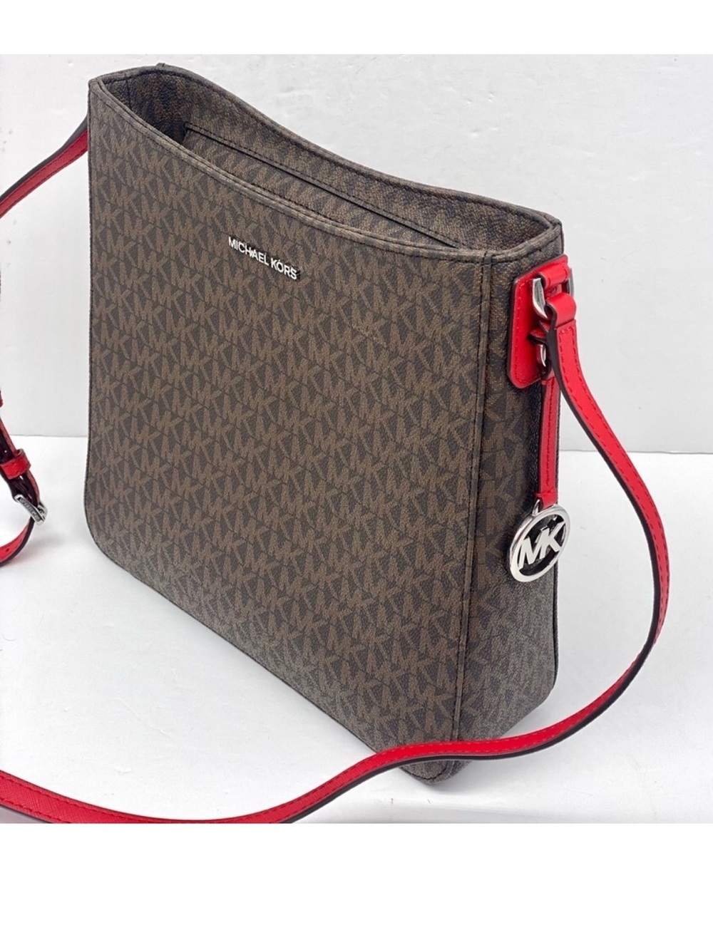 Michael Kors Brown Monogram Crossbody with Red Strap